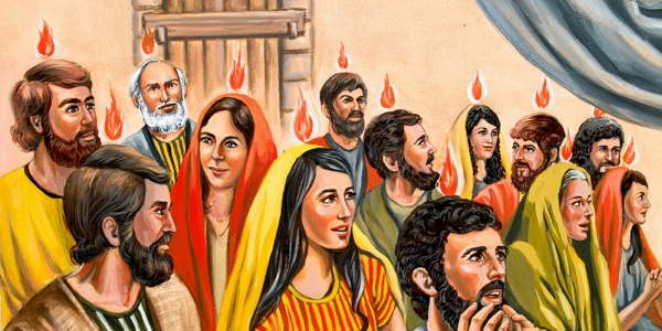 Des langues de feu apparaissent au-dessus de la tête des disciples
