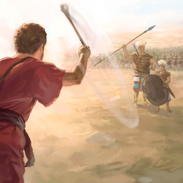 Sur le champ de bataille, à l’aide d’une fronde, David lance une pierre sur Goliath.