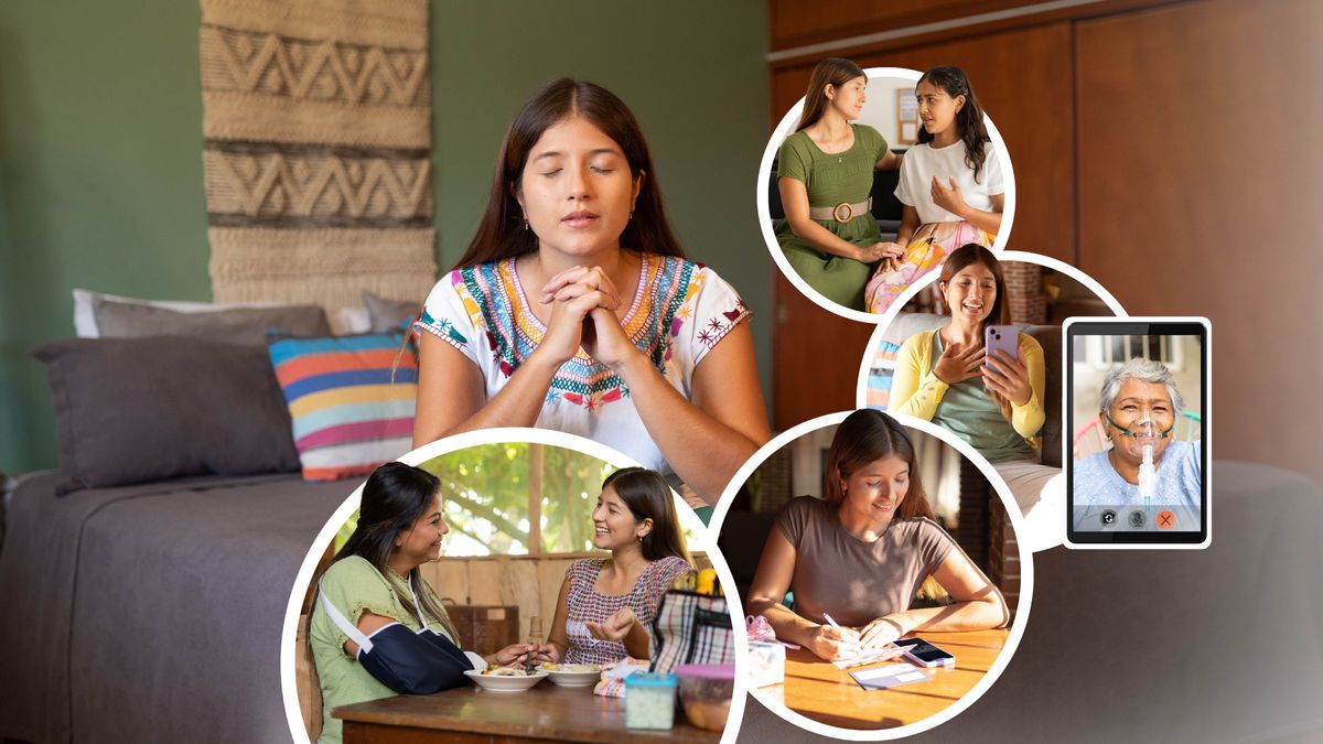 Ensemble d’illustrations : 1) Une sœur prie. 2) Elle écoute une sœur qui s’ouvre à elle. 3) Elle appelle par visioconférence une sœur âgée qui est malade. 4) Elle écrit une carte qui accompagnera un cadeau. 5) Elle partage un repas avec une sœur qui a le bras en écharpe.