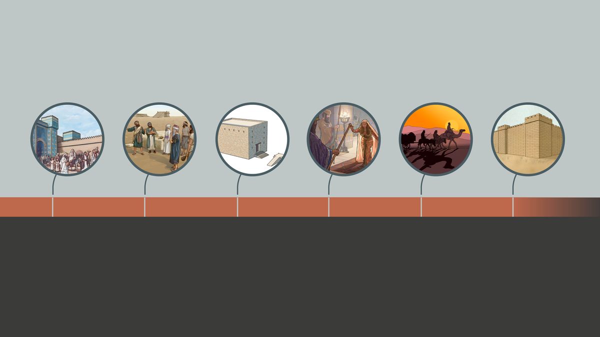 Frise chronologique sur laquelle sont rapportés les évènements importants qui ont eu lieu à l’époque d’Aggée, de Zacharie et d’Esdras (toutes les dates sont avant notre ère). 537 : Des exilés juifs quittent Babylone. 520 : Les prophètes Aggée et Zacharie s’adressent aux Israélites à Jérusalem. 515 : Le temple de Jérusalem. 484 : La reine Esther se présente devant le trône du roi Assuérus. 468 : Esdras est en tête d’une caravane qui se rend à Jérusalem. 455 : La muraille de Jérusalem.