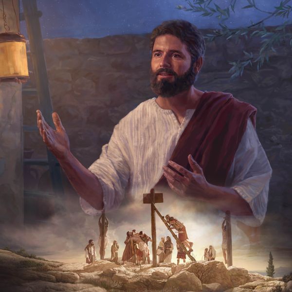 Ensemble d’illustrations : 1) Jésus parle tandis qu’il fait nuit. 2) Le corps sans vie de Jésus est enlevé du poteau de supplice par des soldats romains.