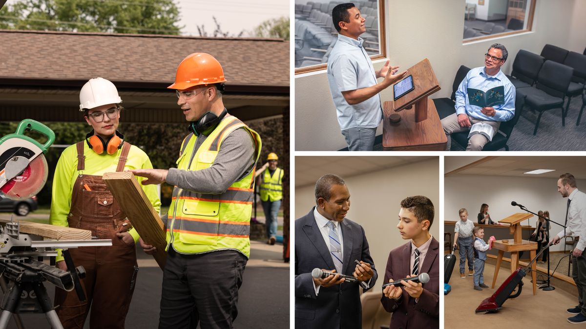 [Pictures on page 7]Collage: Brothers training others in various situations. 1. A brother trains a sister to use an electric saw at a theocratic construction project. 2. An older brother observes a younger brother practicing his talk in an empty Kingdom Hall. The older brother is holding the brochure “Apply Yourself to Reading and Teaching.” 3. A brother teaches a teenage brother how to replace the batteries in a microphone. 4. A father and his two sons help clean the Kingdom Hall. The father and his older son each vacuum the platform while the younger son uses a cloth to wipe the lectern.