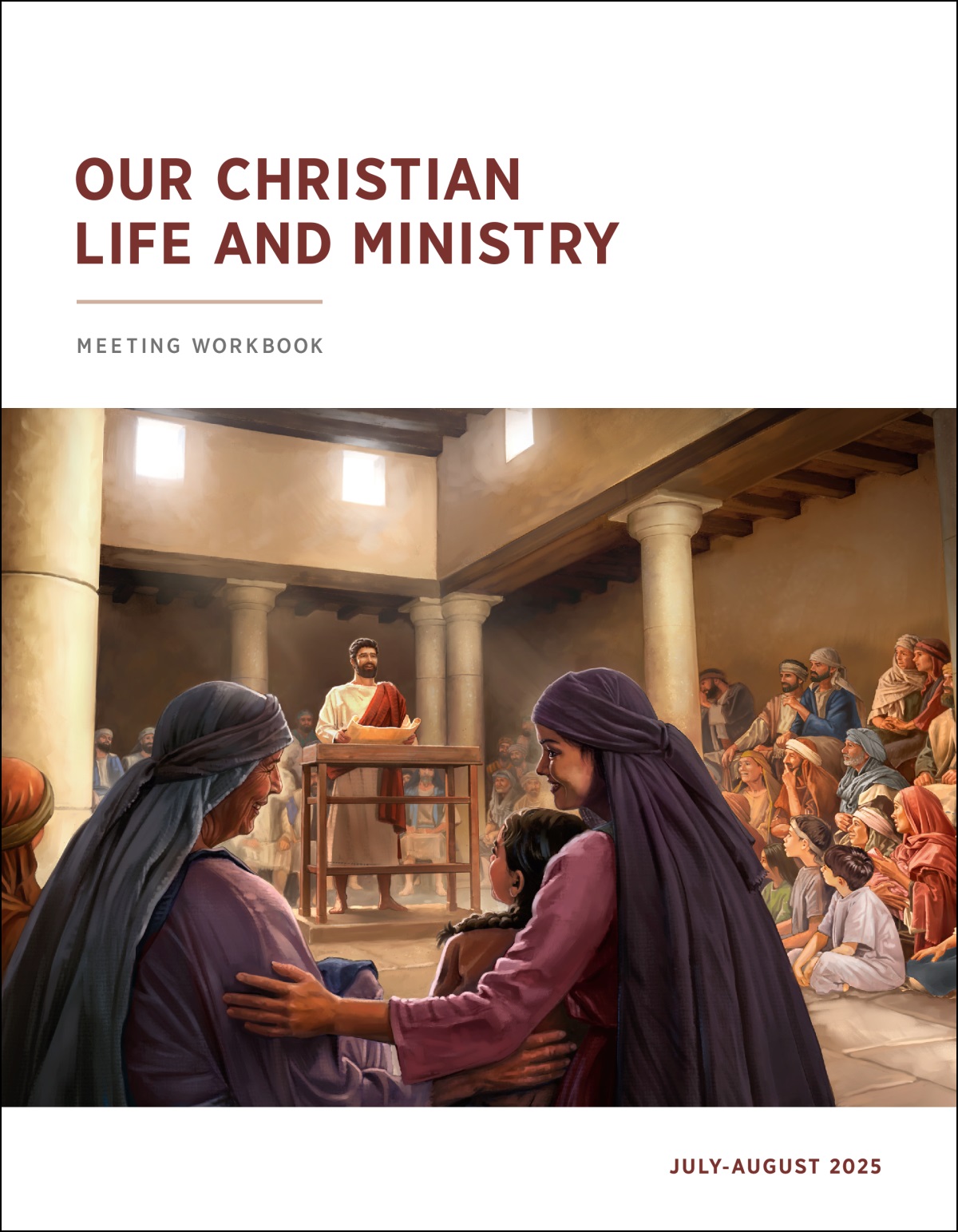 Íosa ag labhairt sa tsionagóg, agus scrolla oscailte ina lámha aige. Tá grúpa fir, mná agus leanaí ag éisteacht go haireach.