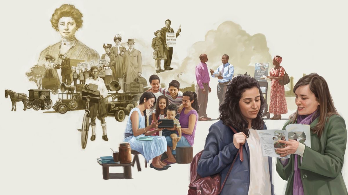 Brothers and sisters using various methods to preach the good news from 1919 until today.