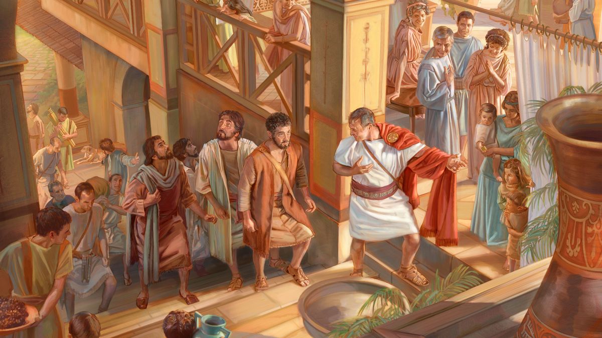 Peter and his companions being led by Cornelius to an upstairs room in his home.