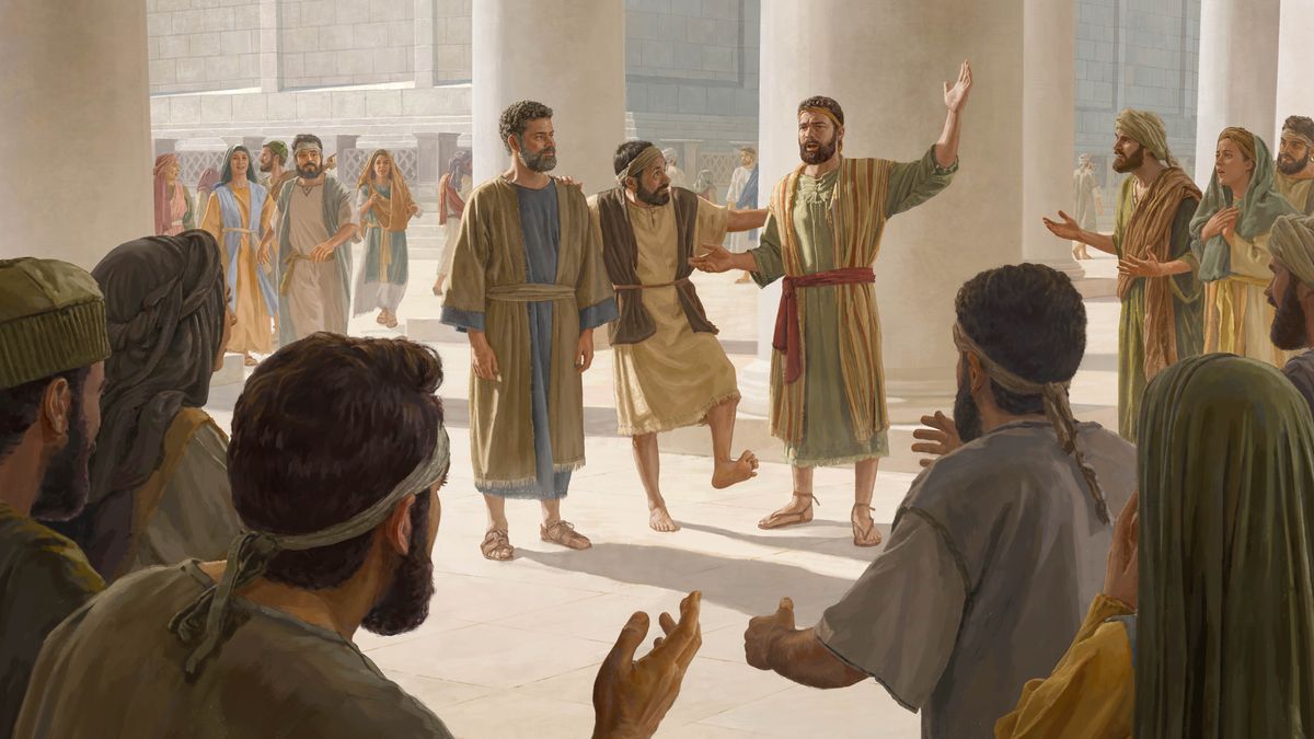 Peter and John standing in the temple. Peter is pointing to the heavens while a man who was lame from birth, now healed, stands beside them.