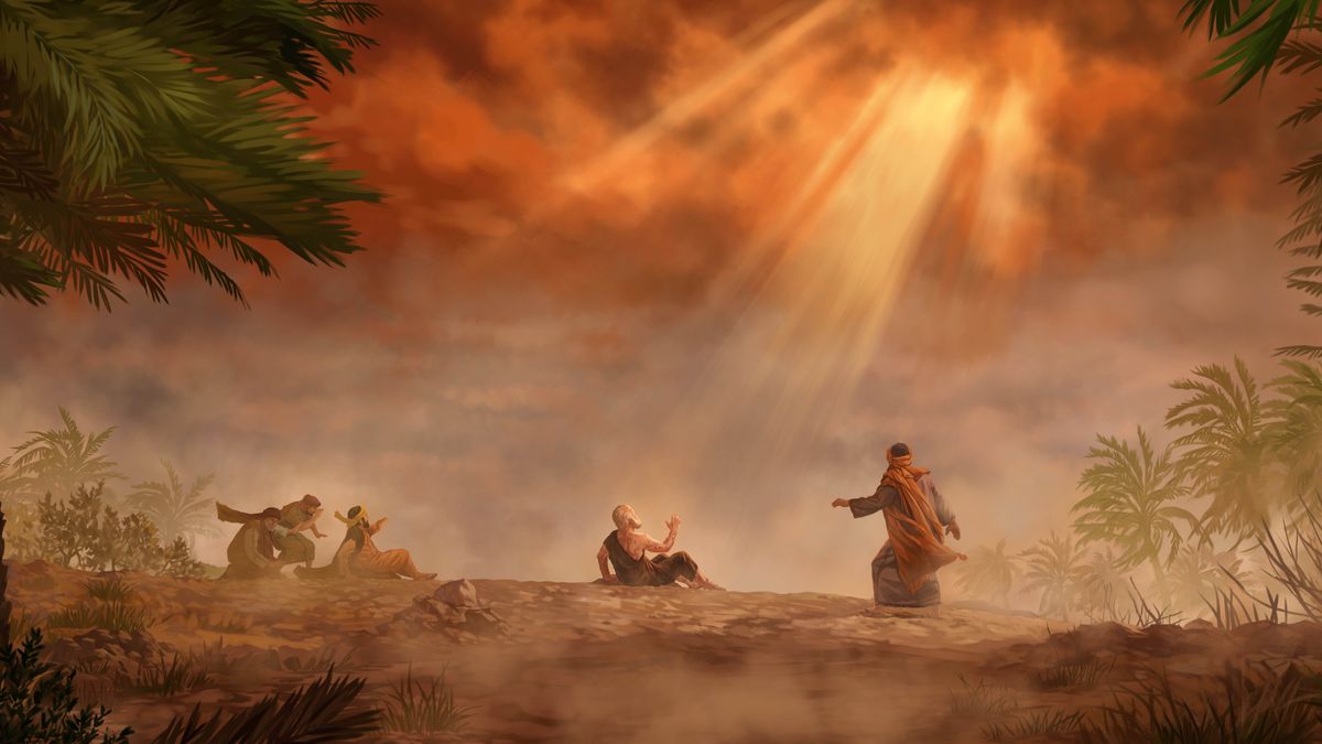 Light beaming through the clouds toward Job as Jehovah speaks to him. Elihu and the three false comforters observe nearby.