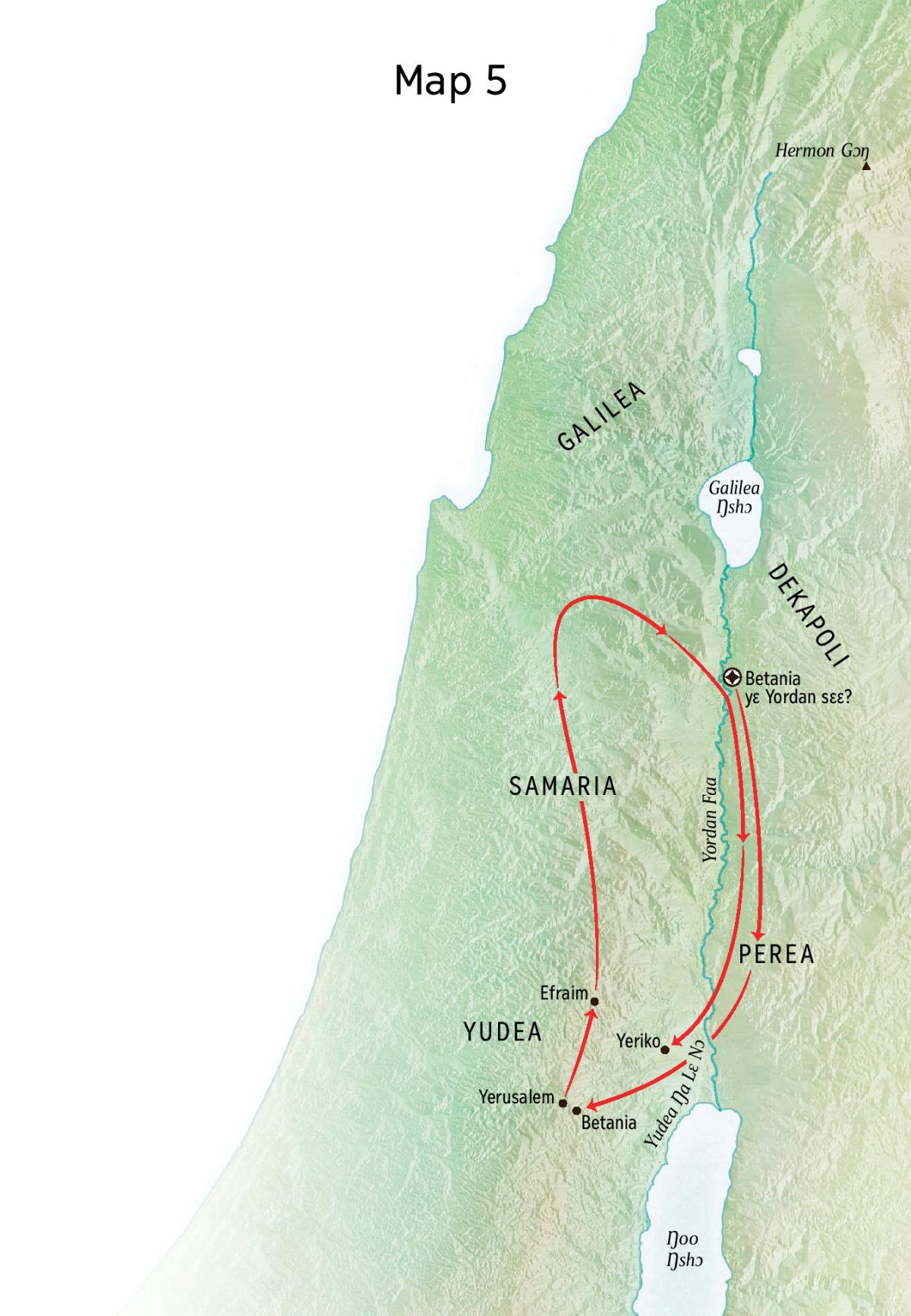 Map ni miitsɔɔ hei ni Yesu shiɛ yɛ, yɛ Betania kɛ Yeriko kɛ Perea