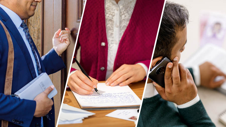 Afoto: Aita ayeke fa tënë. 1. Mbeni ita-koli ayeke fa tënë da na da. 2. Mbeni ita-wali ayeke sû lettre. 3. Mbeni ita-koli nde ayeke fa tënë na téléphone.