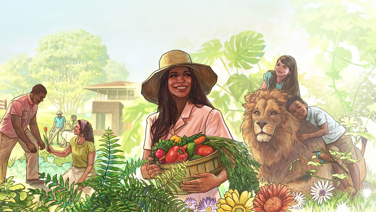 Moun ki kontan viv adan paradi-a. Timanmay ka jwé épi an lion, an madanm ka tjenbé an pannié épi tout kalté lédjim an bra’y épi dé koup ka pran plézi travay épi détann kòyo adan an jaden.