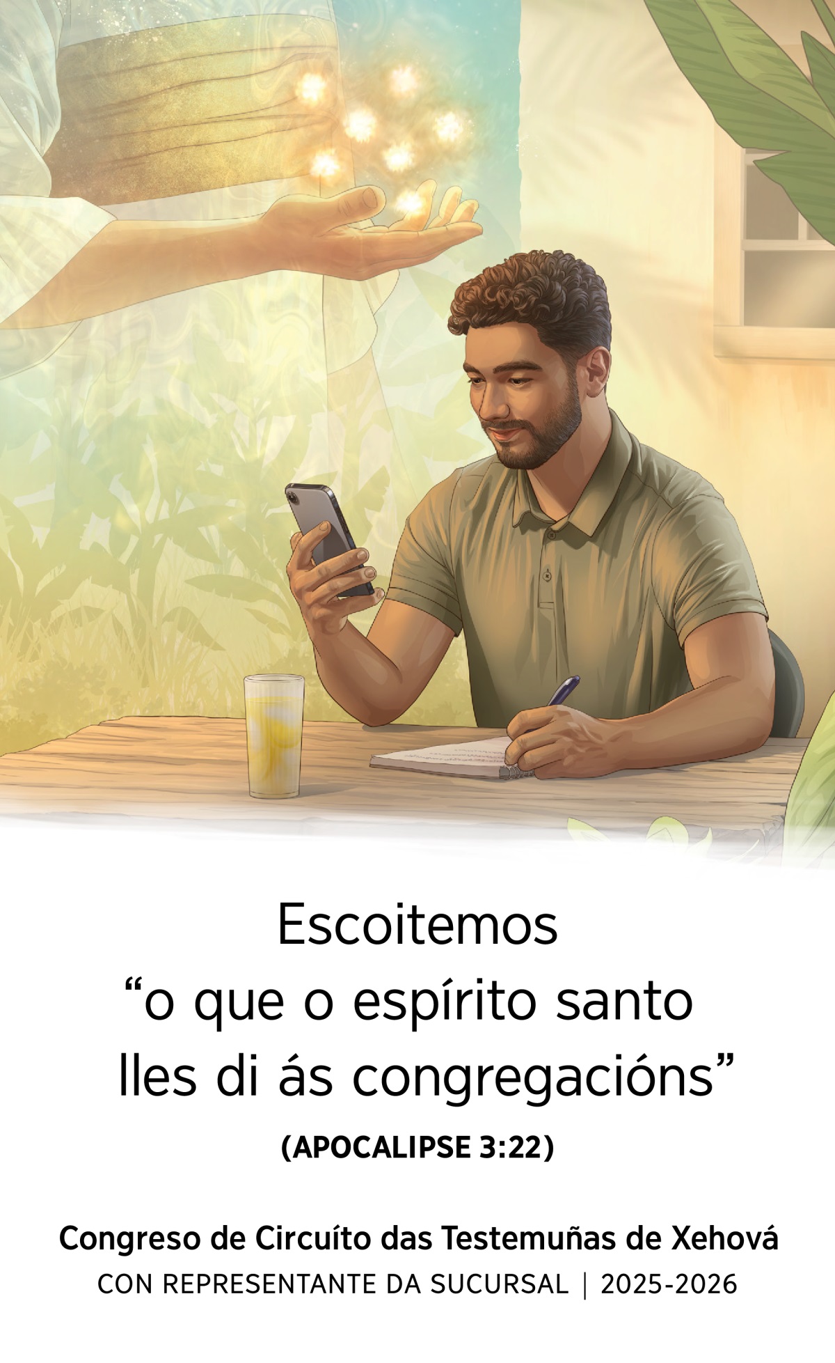Serie de imaxes: 1. Xesús sostendo sete estrelas na súa man dereita. 2. Un irmán sentado ó aire libre estudando cun móbil e un caderno.