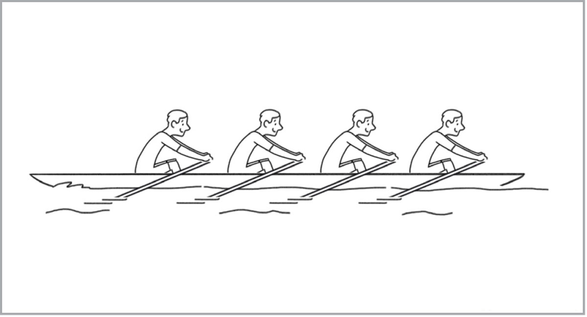Rapaces remando nunha canoa