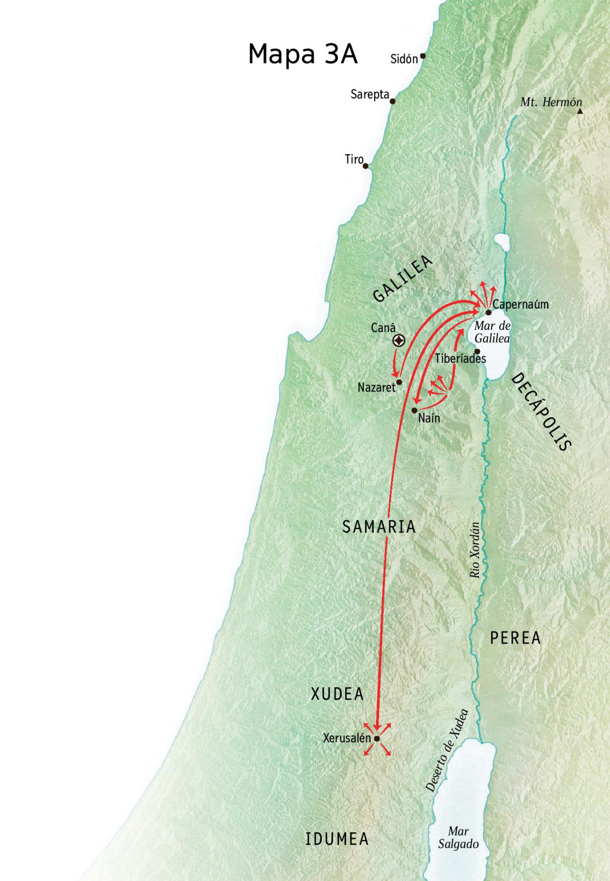 Mapa do ministerio de Xesús en Galilea, Capernaúm e Caná.