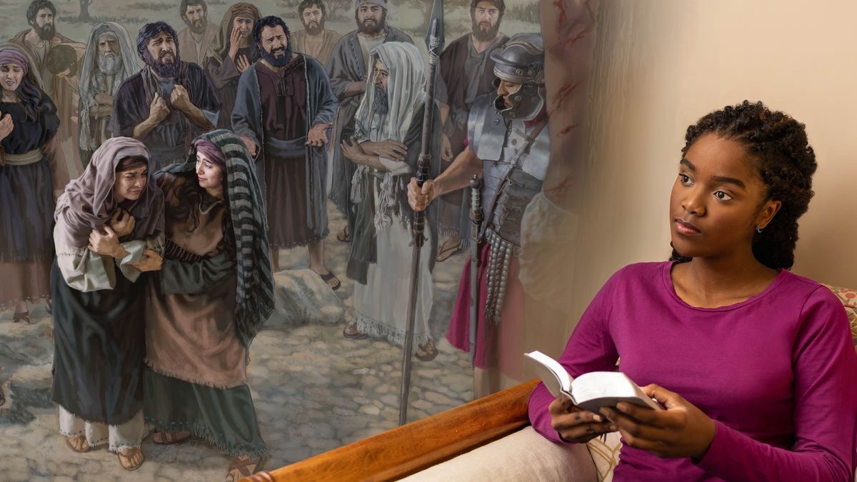 Unha rapaza meditando no que le na Biblia. Está imaxinando a María Magdalena consolando a María, a nai de Xesús, mentres el está colgado no madeiro.