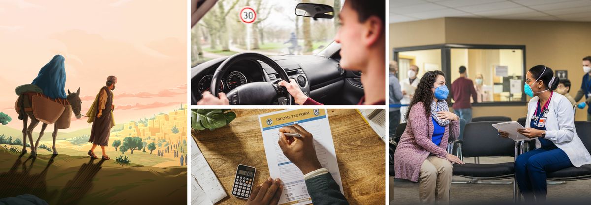 María montada nun burro e Xosé vai diante guiándoos cara Belén. Serie de imaxes: 1. Un irmán comprobando o velocímetro do coche ó ver un sinal de límite de velocidade. 2. Un irmán cubrindo o formulario do imposto sobre a renda. 3. Unha irmá que leva a máscara e mantén a distancia social mentres fala cunha doutora no hospital.
