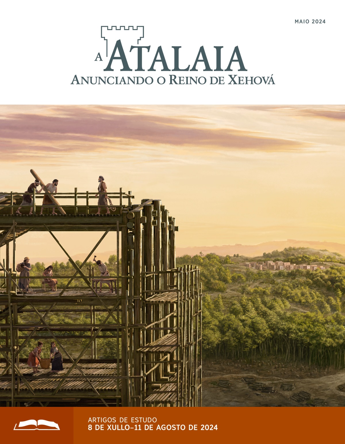 Noé e a súa familia traballando na arca, que xa está a medio construír. Ó lonxe vese unha vila rodeada de bosque.