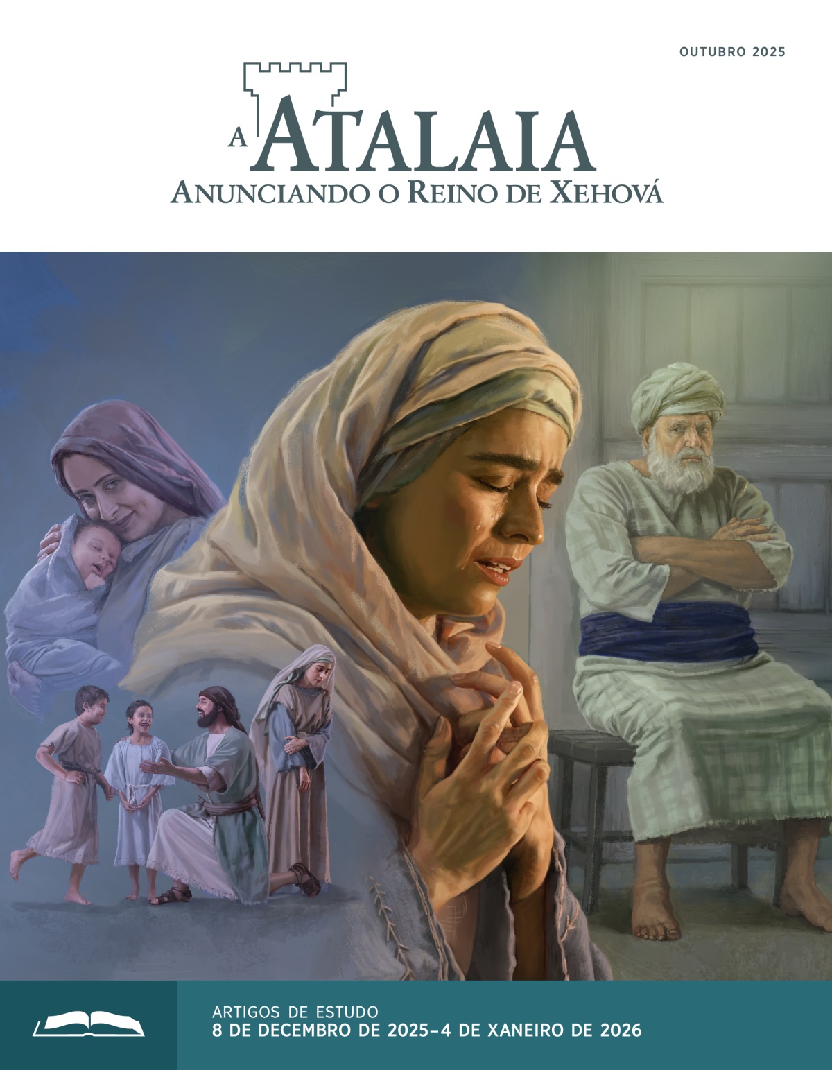 Serie de imaxes: 1. Ana mirando cara a outro lado con tristeza mentres Elcanah xoga con dous dos seus fillos. 2. Peninah sorrí mentres abraza o seu bebé que acaba de nacer. 3. Ana chorando mentres ora con intensidade. 4. O Sumo Sacerdote Elí sentado cos brazos cruzados xulgando coa mirada a Ana.