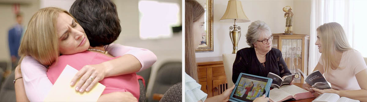 Sangata dovorole fottu: ‘Porot Jivont Zauncho Bhorvonso Amkam Koso Dhir Dita?’ hantuntlim chitram. 1.Phelicity morun ek dis uprant Veronica he bhoinnik bhuzvonn dita. 2.Veronica ani tichi ani ek dhuv povitr pustoka voilim verse dakhoun eke bailek bhuzvonn ditat.