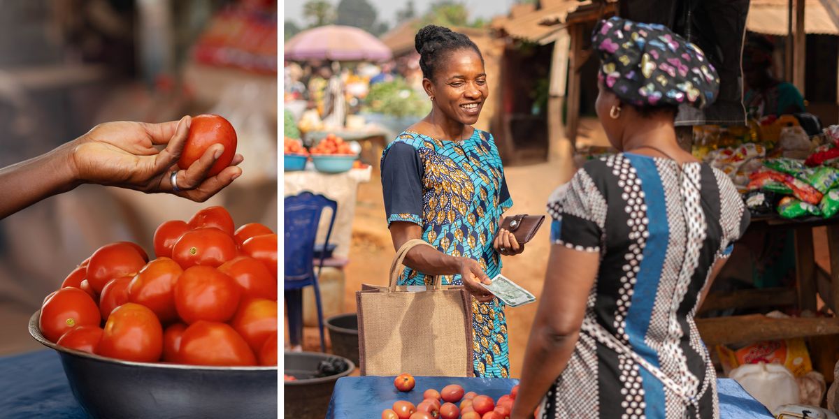 Bilderfolge: 1. Eine Frau wählt auf dem Markt eine Tomate aus. 2. Sie gibt der Verkäuferin Geld für ihren Einkauf.