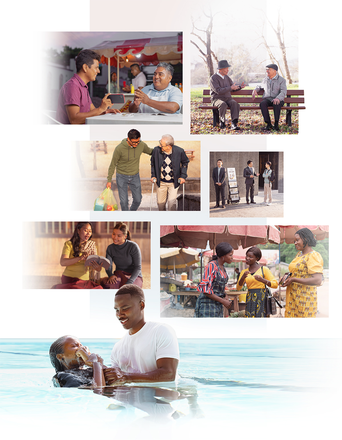 Collage: Szenen, in denen Zeugen Jehovas anderen predigen und Liebe zeigen. 1. Eine Schwester unterhält sich im Bus mit einer jungen Mutter. 2. Ein älterer Bruder unterhält sich auf einer Parkbank mit einem Mann. 3. Ein junger Bruder trägt einem älteren Herrn den Einkauf. 4. Ein Bruder unterhält sich am Trolley mit einem jungen Mann. 5. Eine Schwester liest einer jungen Frau aus der Bibel vor. 6. Ein Ehepaar im Haus-zu-Haus-Dienst liest einem Mann aus der Bibel vor. 7. Eine Schwester bei ihrer Taufe.