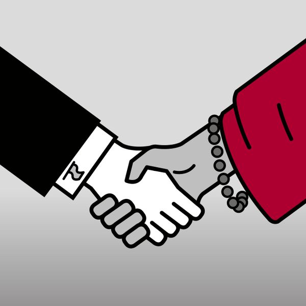 Piktogramm: ein Handschlag zwischen einem Politiker und einem Geistlichen.