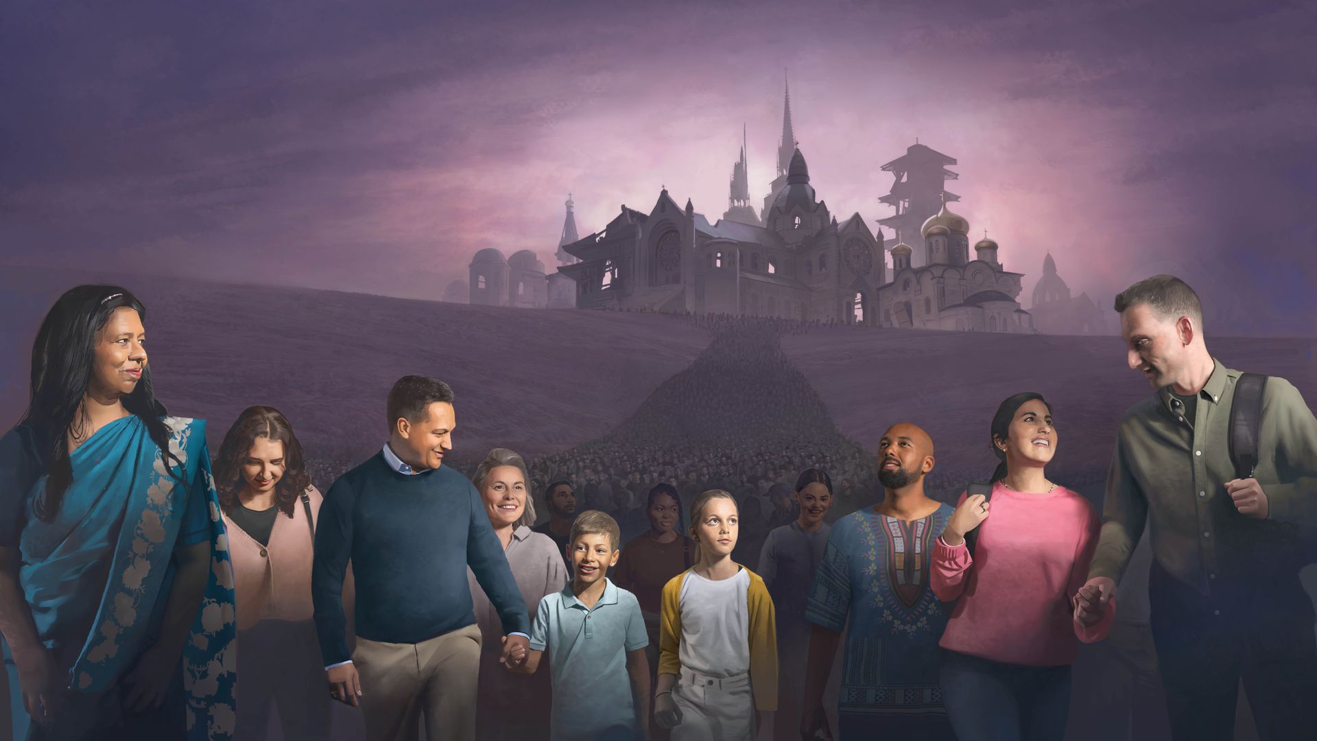 Eine große Volksmenge bestehend aus Männern, Frauen, und Kindern geht gemeinsam einen Weg. Im Hintergrund stehen verlassene Ruinen von religiösen Gebäuden.