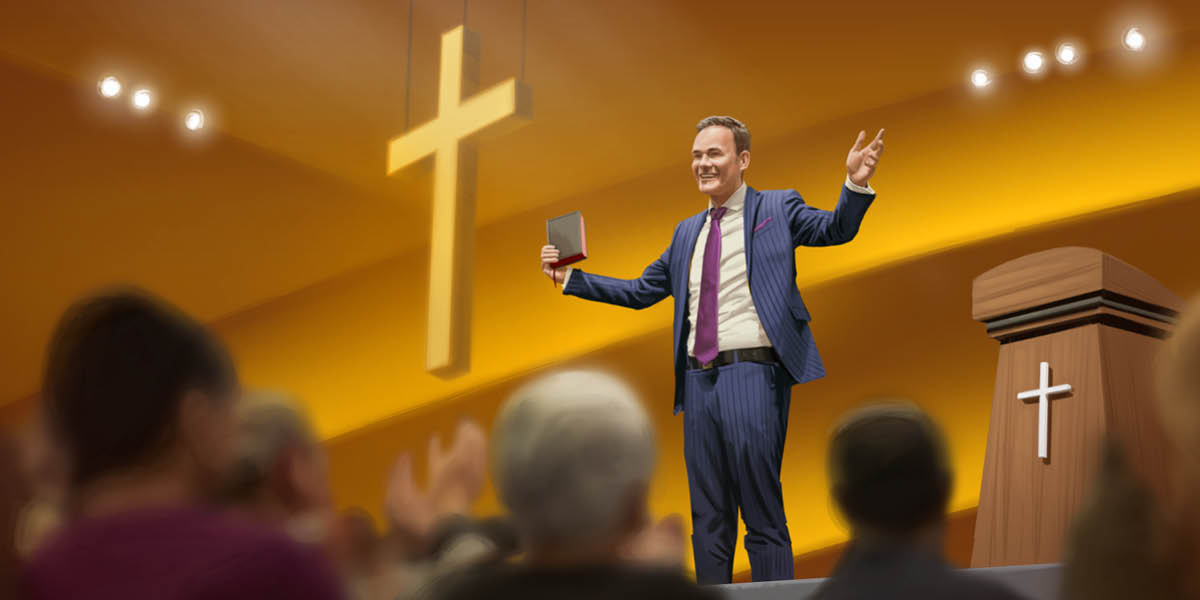 Ein Prediger mit Bibel in der Hand spricht zu einer applaudierenden Zuhörerschaft.