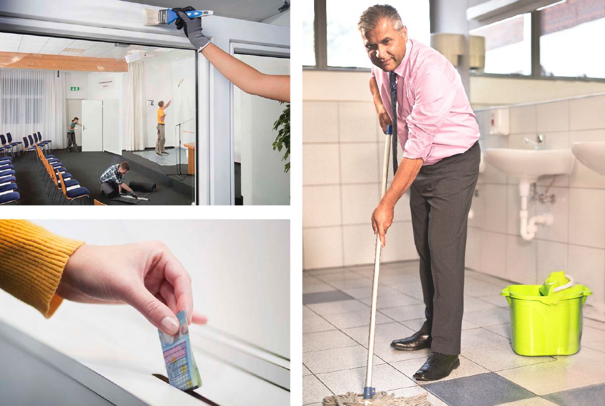 Brüder und Schwestern halten den Königreichssaal instand, säubern die Toiletten und werfen einen Geldbetrag in den Spendenkasten