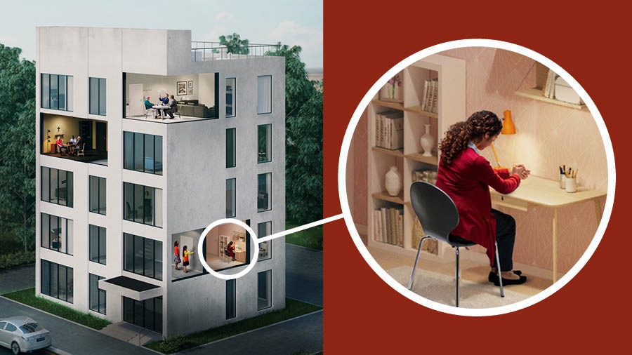 Eine junge Frau betet in ihrer Wohnung, als zwei Schwestern an ihre Tür klopfen.