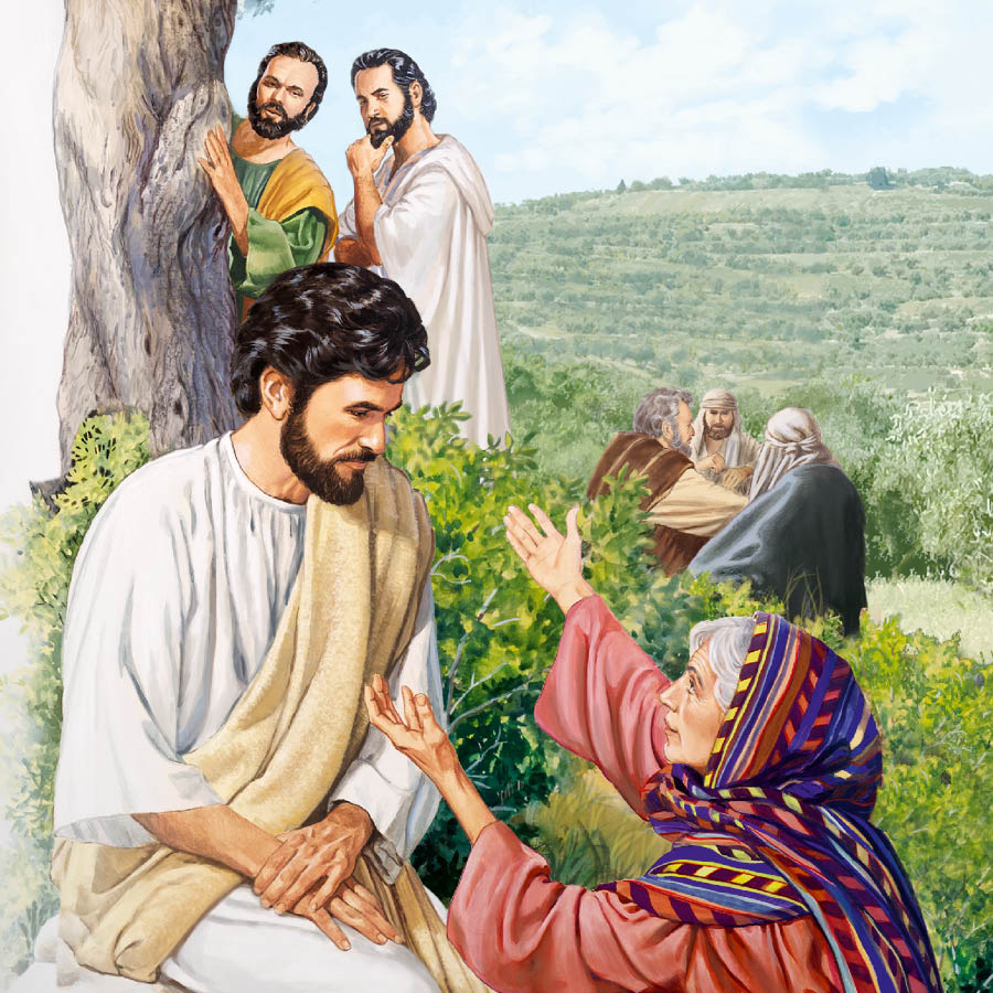 Jesus im Gespräch mit der Mutter von Jakobus und Johannes. Im Hintergrund stehen Jakobus und Johannes hinter einem Baum und hören zu.