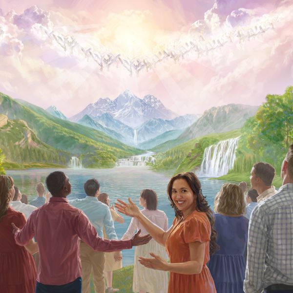 Engel im Himmel und Menschen im Paradies auf der Erde preisen Jehova gemeinsam voller Freude.