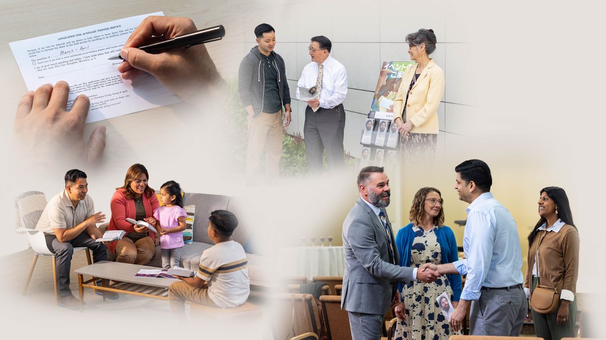 Collage: Möglichkeiten, Jehovas Liebe zu erwidern. 1. Ein Verkündiger füllt eine Bewerbung für den Hilfs­pionier­dienst aus. 2. Ein Familienvater studiert mit seiner Frau und den zwei Kindern. 3. Ein Ehepaar im Trolley-Dienst. Der Bruder bietet einem Mann eine Gedächtnismahl­einladung an. 4. Ein Ehepaar heißt Besucher der Abendmahlsfeier willkommen.