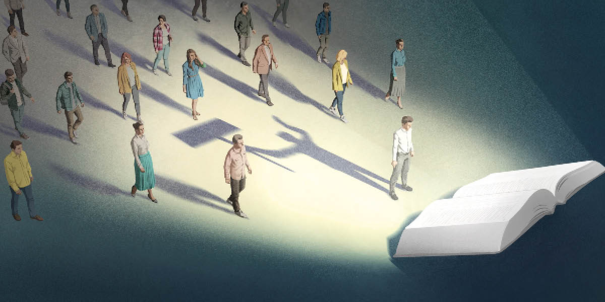 Unterschiedliche Menschen gehen auf eine große aufgeschlagene Bibel zu, die sie erleuchtet; ihre Schatten deuten ihre frühere hasserfüllte Persönlichkeit an.