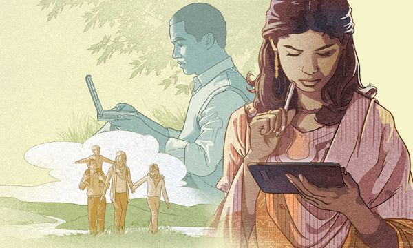 Un hombre y una mujer, cada uno leyendo su Biblia; una familia feliz paseando al aire libre