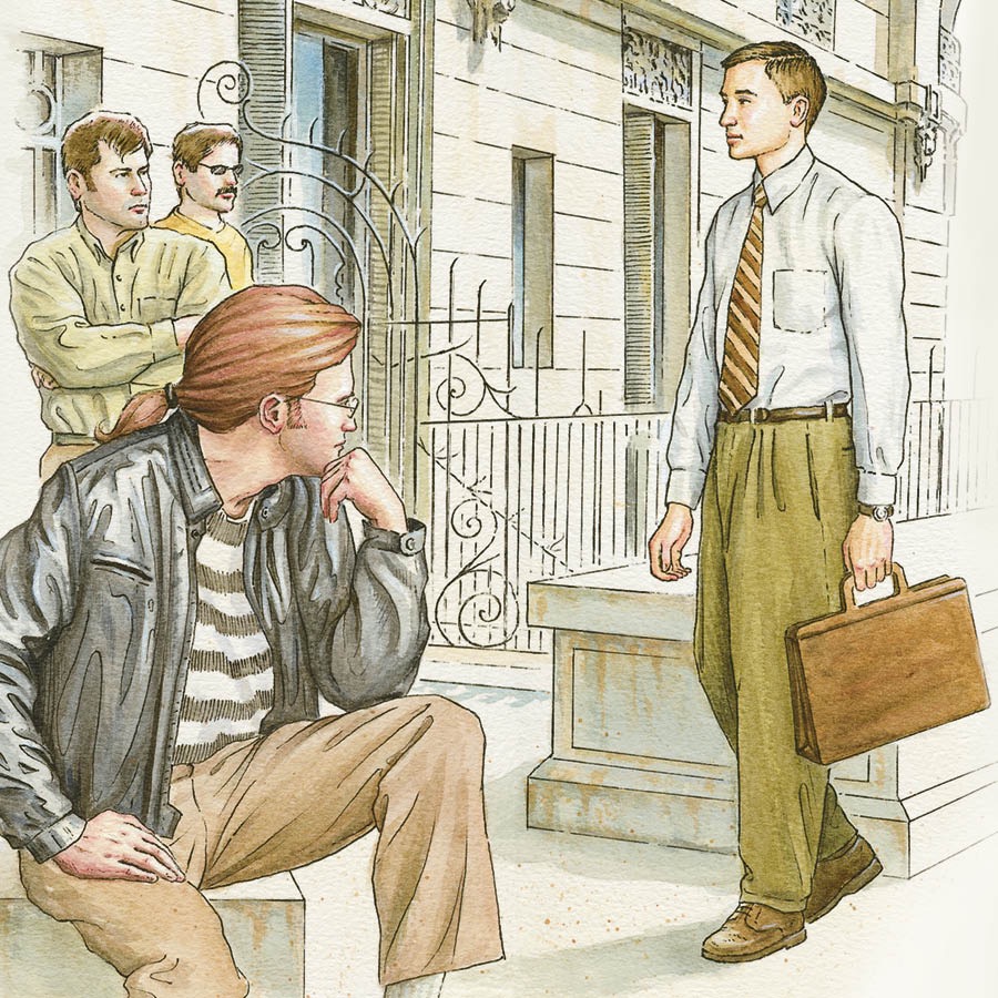 Unos hombres mirando a un testigo de Jehová que camina por su vecindario