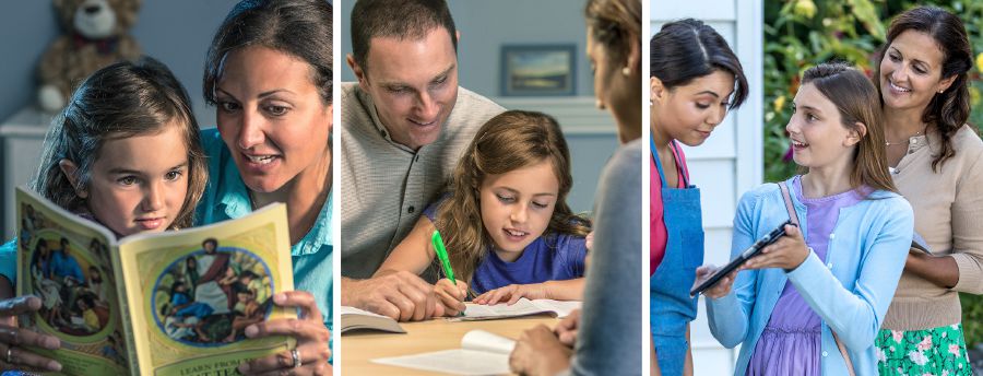 Unos padres le leen a su hija, estudian con ella y salen con ella a predicar