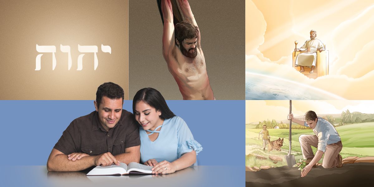 Un matrimonio lee la Biblia y medita en el nombre de Jehová, el sacrificio de Jesús, el Reino mesiánico y la vida en el Paraíso