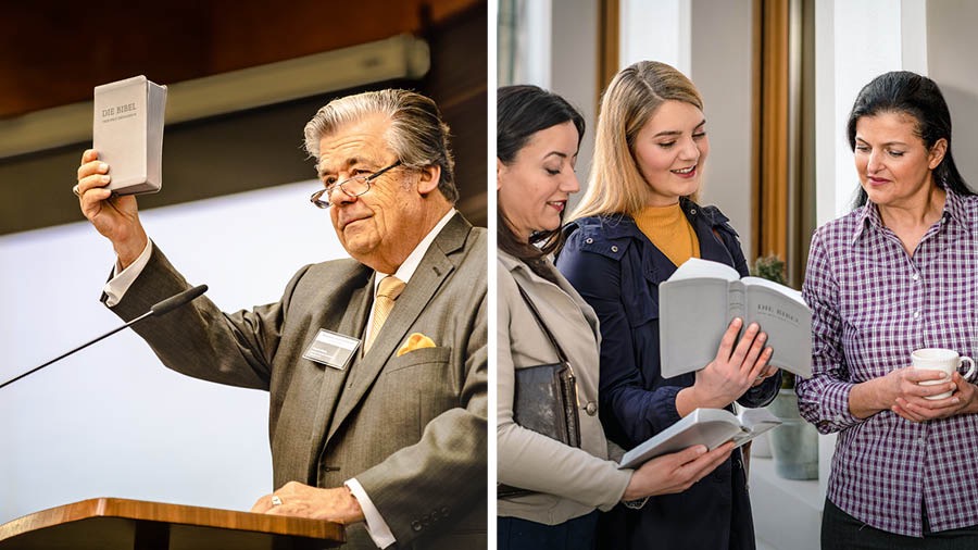 Gerrit Lösch, del Cuerpo Gobernante, presenta la edición revisada en alemán de la Traducción del Nuevo Mundo; dos hermanas de Alemania usan la nueva edición de la Biblia para predicar
