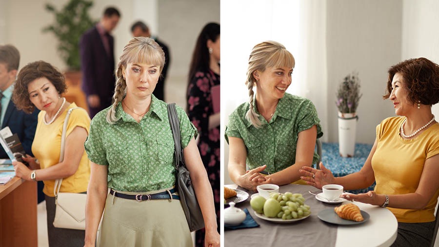 Serie de fotografías: 1. En el mostrador de publicaciones, una hermana nota después de la reunión que otra está de mal humor. 2. Ese mismo día, las dos hermanas toman café y disfrutan un rato agradable juntas.