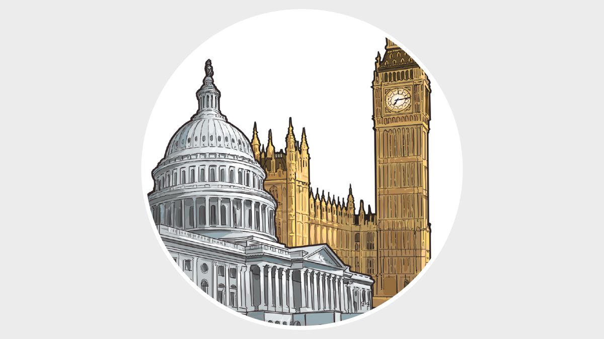 Edificios que representan la potencia mundial de Gran Bretaña y Estados Unidos.