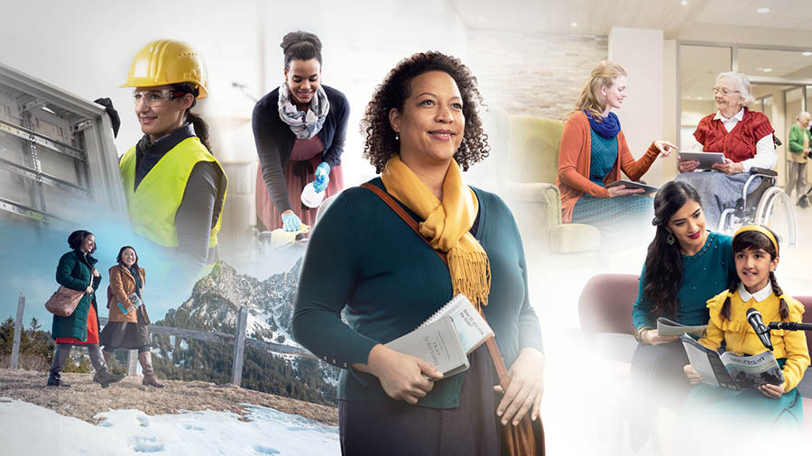 Imágenes de hermanas entusiastas. 1. Una hermana participa en el ministerio y lleva la Biblia y unos tratados. 2. Una hermana colabora en la construcción. 3. Una hermana participa en la limpieza del Salón del Reino. 4. Una hermana le muestra a una hermana mayor cómo utilizar una tableta. 5. Una hermana ayuda a su hija a ofrecer un comentario en la reunión. 6. Dos hermanas predican en el frío del invierno.