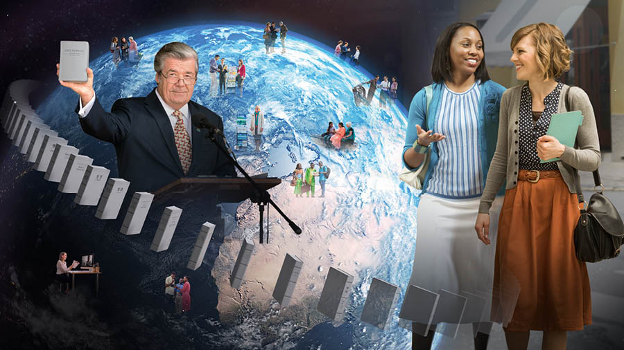 Serie de imágenes: 1. El hermano Gerrit Lösch presenta la “Traducción del Nuevo Mundo”. 2. Hermanos y hermanas predicando en diferentes partes del planeta.