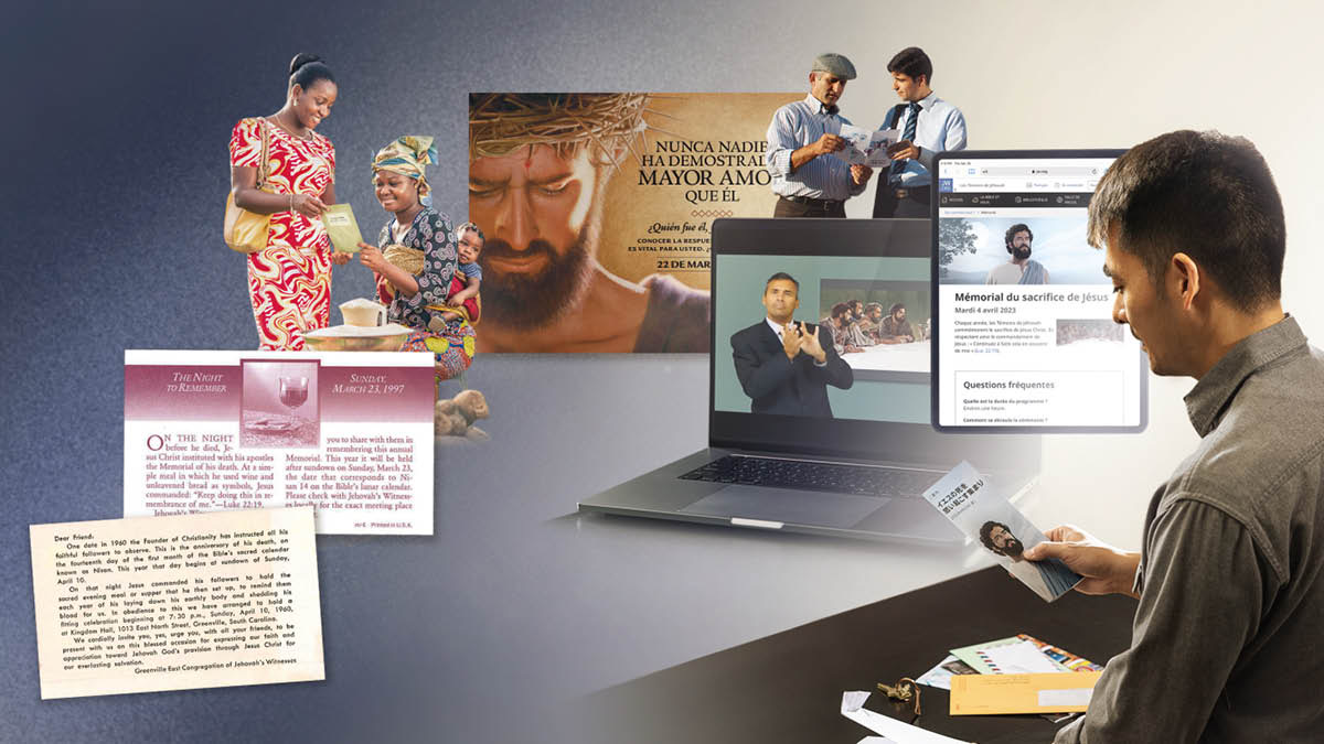 Un hombre recibe la invitación a la Conmemoración por correo y la lee mientras la sostiene en su mano. Serie de imágenes: 1. Publicadores de diferentes partes del mundo entregando la invitación a la Conmemoración. 2. Invitaciones a la Conmemoración en varios idiomas, incluyendo lenguaje de señas. Las invitaciones, en formato digital o impresas, datan de los años sesenta hasta ahora.