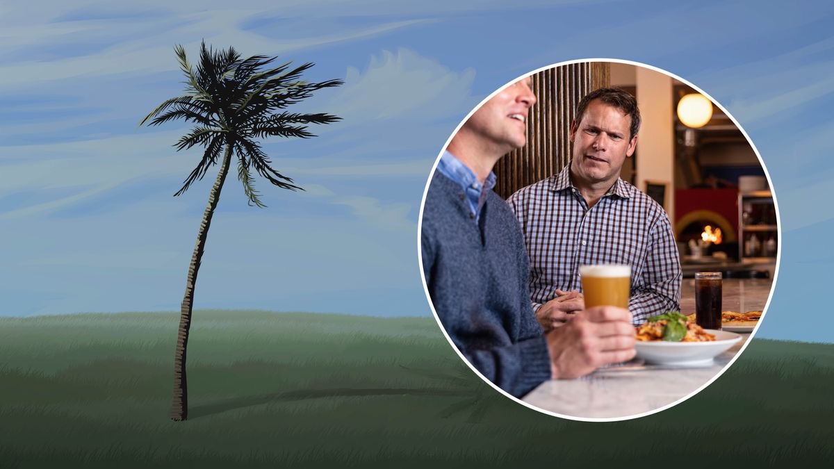 El mismo árbol flexible se dobla ante la tempestad de viento. En un círculo aparece un hermano que mira con cara de desacuerdo a otro hermano que está sosteniendo un vaso de cerveza.