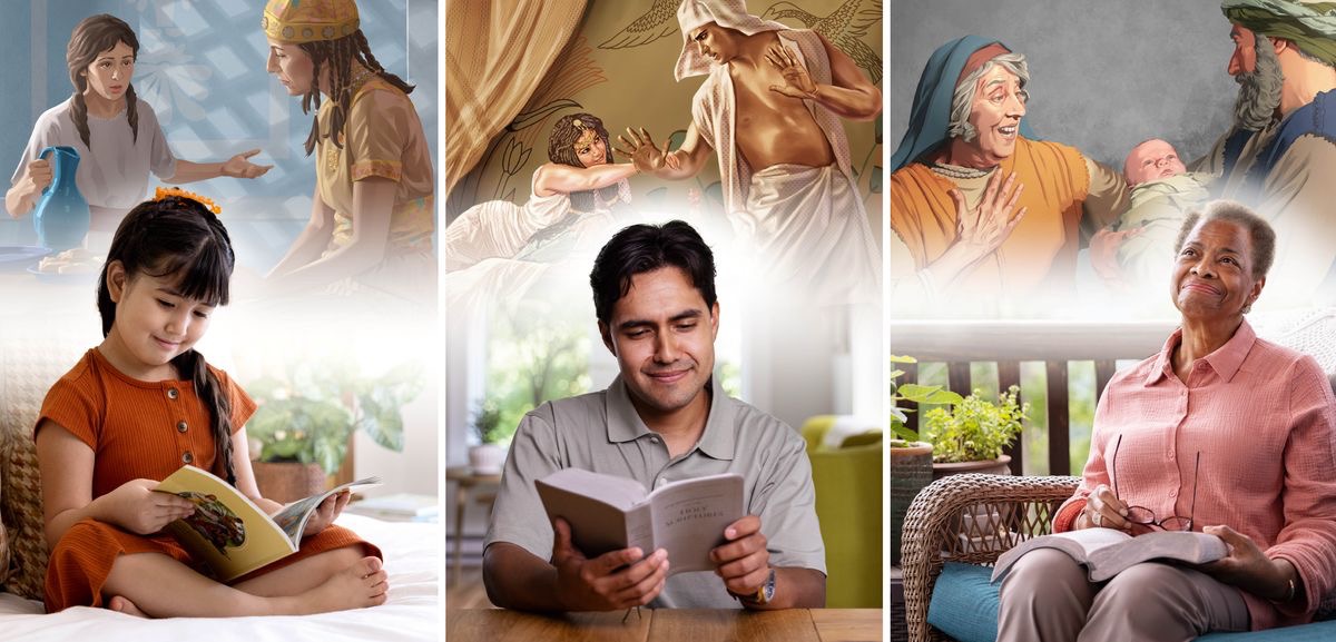  Serie de imágenes: 1. Una niña lee el libro “Lecciones que aprendo de la Biblia” y medita en cuando la niña israelita tuvo que hablar con su ama. 2. Un hermano joven lee la Biblia y medita en cuando José huyó de la esposa de Potifar. 3. Una hermana mayor lee la Biblia y medita en el momento en el que la profetisa Ana vio al pequeño Jesús.