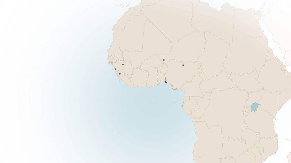 Mapa de África Occidental con algunos de los lugares donde vivió y sirvió Israel Itajobi: Conakri (Guinea); Sierra Leona; Niamey (Níger); Kano, Orisunbare y Lagos (Nigeria).