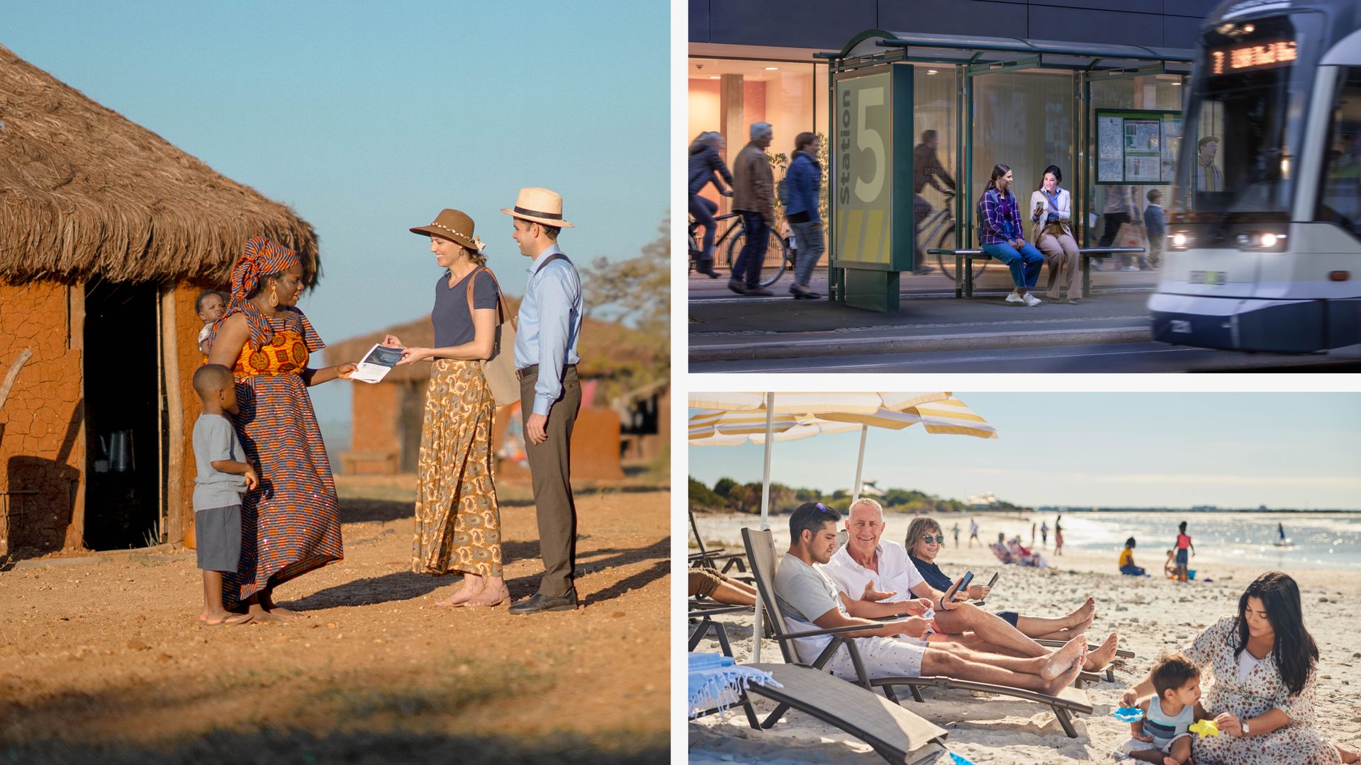 Imágenes de formas de predicar a la gente. 1. En África, un matrimonio predica a una señora y a sus hijos a la puerta de su casa. 2. Una hermana predica a una mujer en la parada del autobús. 3. Cuando está de vacaciones, un hermano conversa con un hombre sentado a su lado.