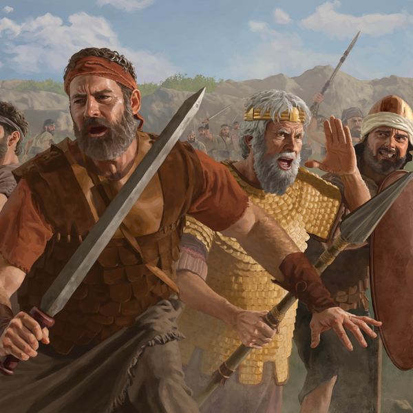 Ο Ιωνάθαν, ο Σαούλ και Ισραηλίτες στρατιώτες πολεμούν με τα σπαθιά, τα δόρατα και τις ασπίδες τους στο πεδίο της μάχης.