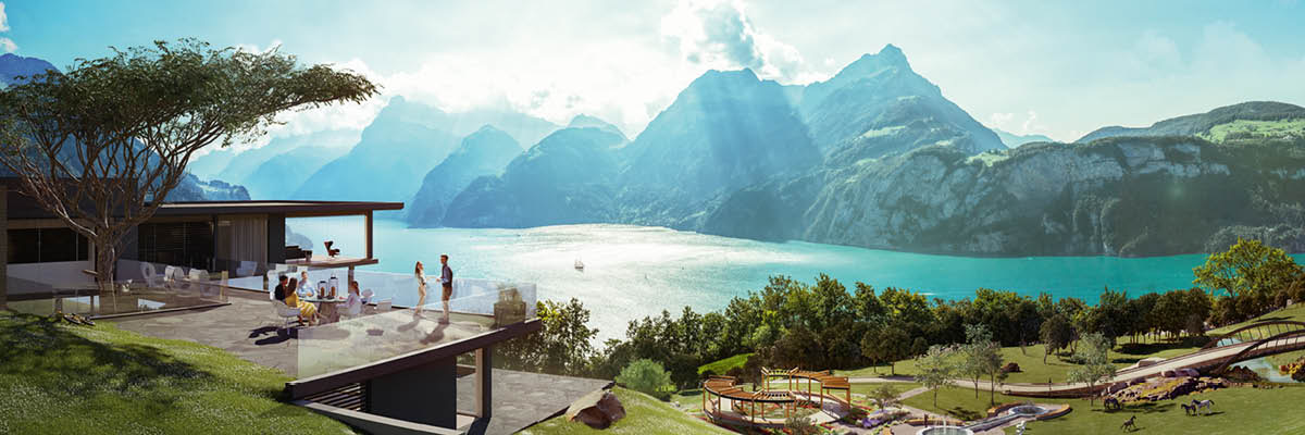 Eine Paradiesszenerie in den Bergen. Menschen auf einer Dachterrasse geniessen den wunderschönen Ausblick.