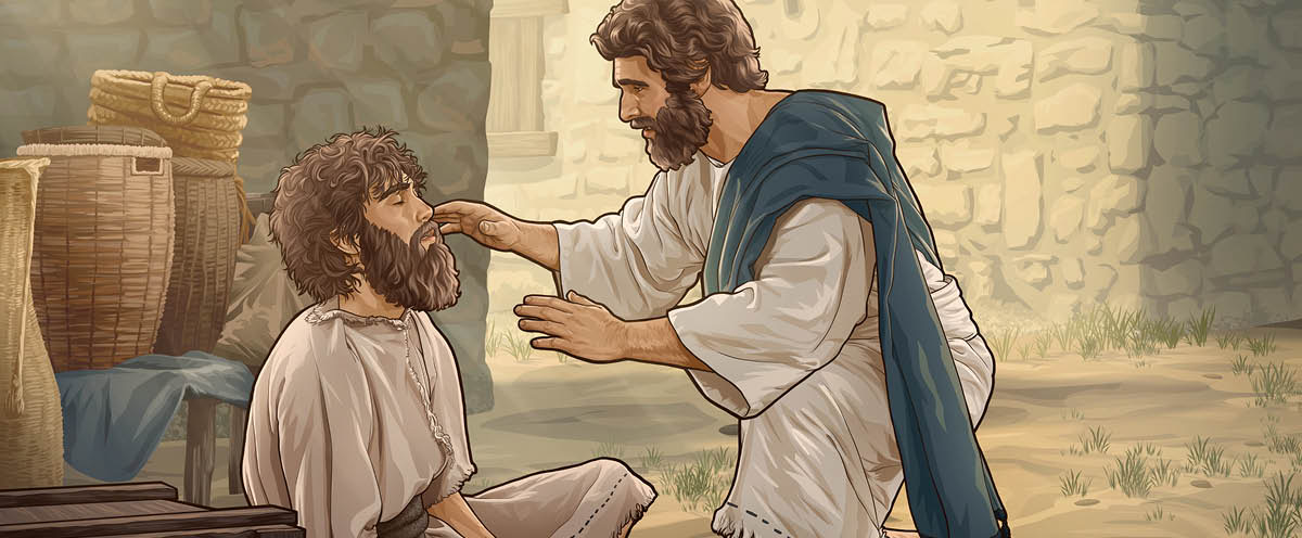 Jesus nähert sich behutsam einem Blinden, den er heilen möchte.